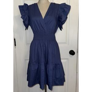 PINCH Women’s Blue Mini Dress Ruffle 100% Cotton Size S Small Smocked V Neck‎